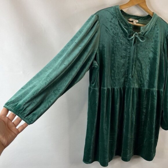 Pioneer Woman XL Emerald Geen Velour Tunic Top Peasant Embroidered Long Sleeve - Picture 2 of 5